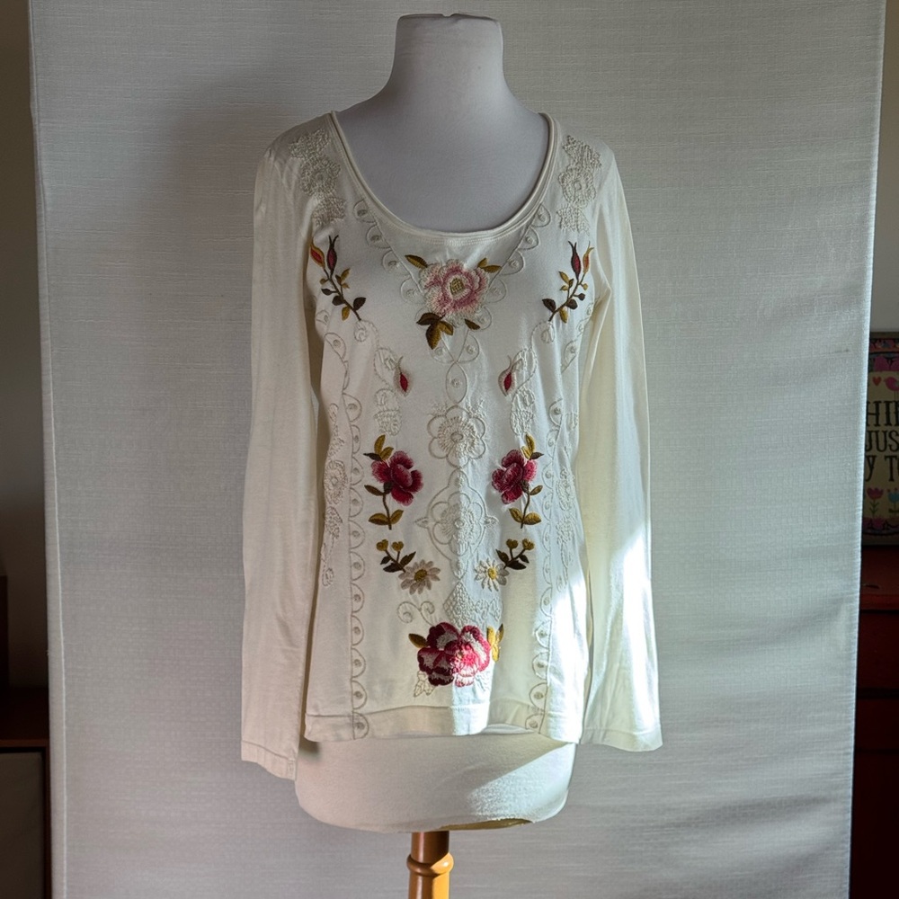 Johnny Was Cream Long Sleeve Top with Pink Floral Embroidery